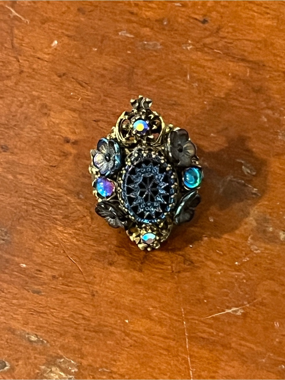 Ollipop USA Adjustable Gothic Floral Statement Ring Black Enamel AB Rhinestones
